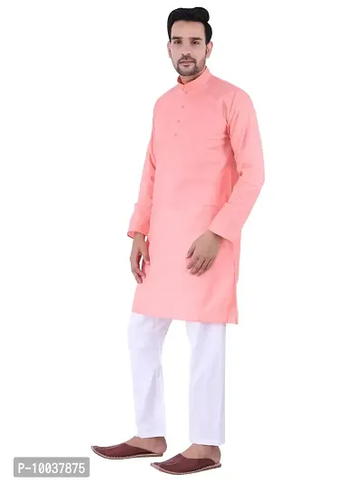 HUZUR Men's Cotton Solid Straight Kurta Pyjama Set| Ethnic Wear|Traditional Wedding Wear - Peach Kurta White Pyjama set-thumb3