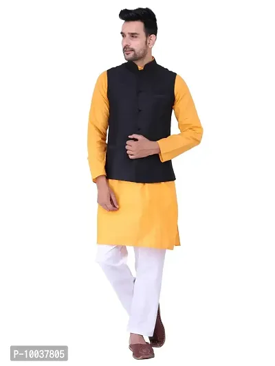 HUZUR Men's Cotton Orange Kurta White Pyjama/pajama With Black Dupion/Silk Nehru Jacket Set