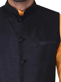 HUZUR Men's Cotton Orange Kurta White Pyjama/pajama With Black Dupion/Silk Nehru Jacket Set-thumb4