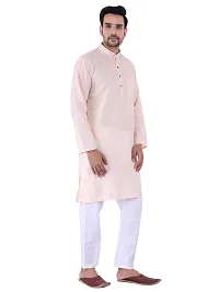 HUZUR Men's Cotton Solid Straight Kurta Pyjama Set| Ethnic Wear|Traditional Wedding Wear - Light Peach Kurta White Pyjama set-thumb2