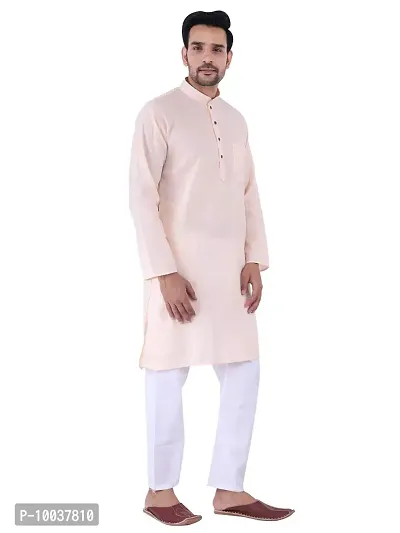 HUZUR Men's Cotton Solid Straight Kurta Pyjama Set| Ethnic Wear|Traditional Wedding Wear - Light Peach Kurta White Pyjama set-thumb3