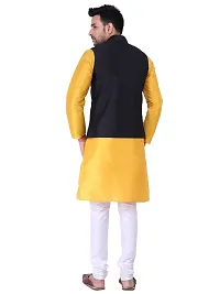 HUZUR Men's Silk Yellow Kurta Cream Pyjama/pajama With Black Dupion/Silk Nehru Jacket Set-thumb3