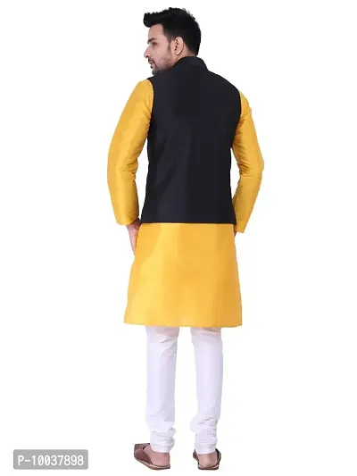 HUZUR Men's Silk Yellow Kurta Cream Pyjama/pajama With Black Dupion/Silk Nehru Jacket Set-thumb4