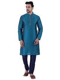 HUZUR Men's Silk Ceremony Loop Button Green Kurta Navy Blue Pyjama Set-thumb2