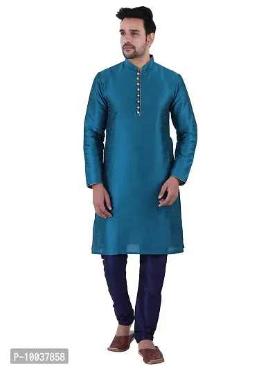 HUZUR Men's Silk Ceremony Loop Button Green Kurta Navy Blue Pyjama Set-thumb3