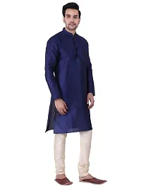 HUZUR Men's Silk Solid Straight Kurta Pyjama Set| Ethnic Wear|Traditional Wedding Wear -Navy Blue Kurta Gold Pyjama Set-thumb1