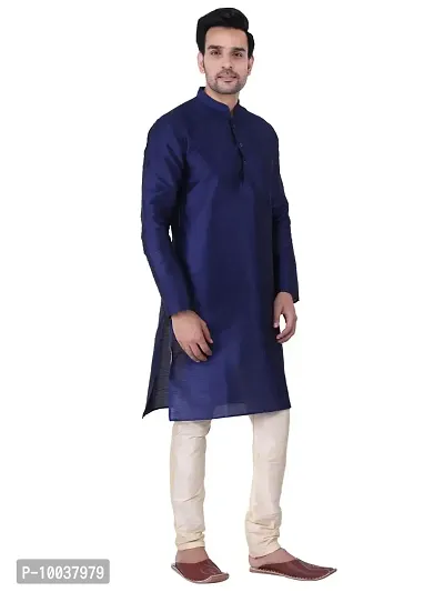 HUZUR Men's Silk Solid Straight Kurta Pyjama Set| Ethnic Wear|Traditional Wedding Wear -Navy Blue Kurta Gold Pyjama Set-thumb2