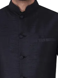 HUZUR Men's Cotton Black Kurta White Pyjama/pajama With Black Dupion/Silk Nehru Jacket Set-thumb4