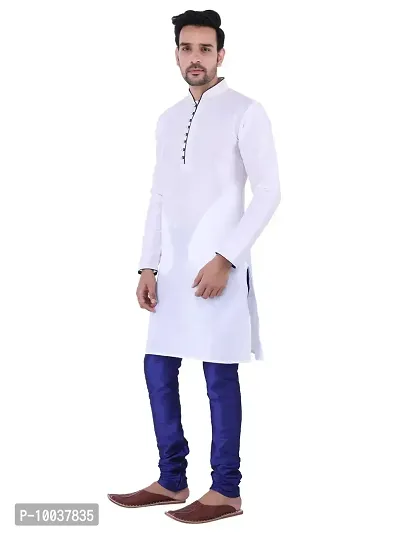 HUZUR Men's Silk Ceremony Loop Button White Kurta Royal Blue Pyjama Set-thumb2