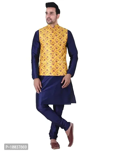 HUZUR Men's Silk Kurta Pyjama/Pajama with Yellow Yellow Base Multicolor Floor Print Nehru Jacket Set