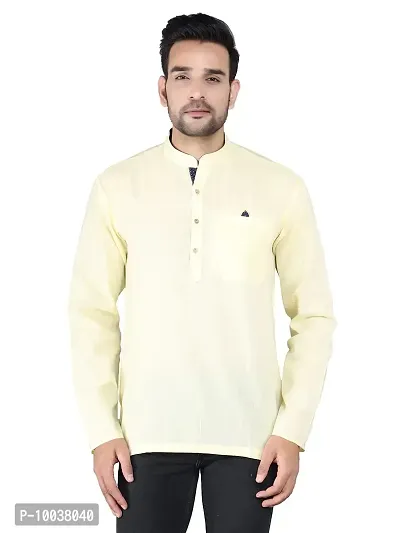 HUZUR Linen Solid Straight Fit Mandarian Collar Round Neck Short Kurta for Men (Yellow)-thumb0