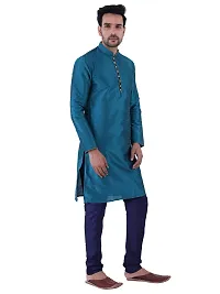 HUZUR Men's Silk Ceremony Loop Button Green Kurta Navy Blue Pyjama Set-thumb1