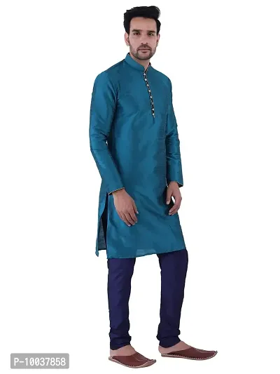 HUZUR Men's Silk Ceremony Loop Button Green Kurta Navy Blue Pyjama Set-thumb2