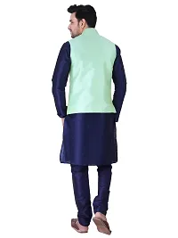 HUZUR Men's Silk Navy Blue Kurta Navy Blue Pyjama/pajama With Pista Dupion/Silk Nehru Jacket Set-thumb1