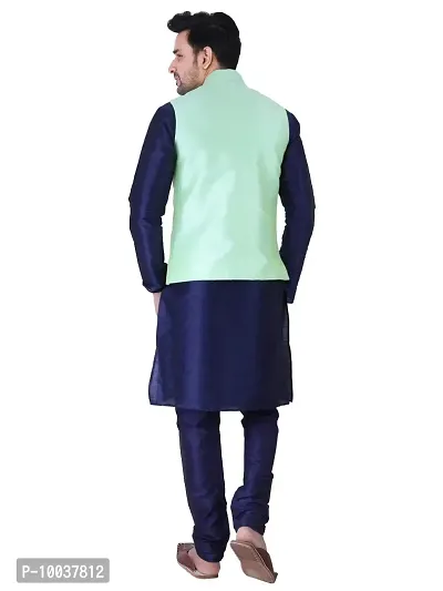 HUZUR Men's Silk Navy Blue Kurta Navy Blue Pyjama/pajama With Pista Dupion/Silk Nehru Jacket Set-thumb2