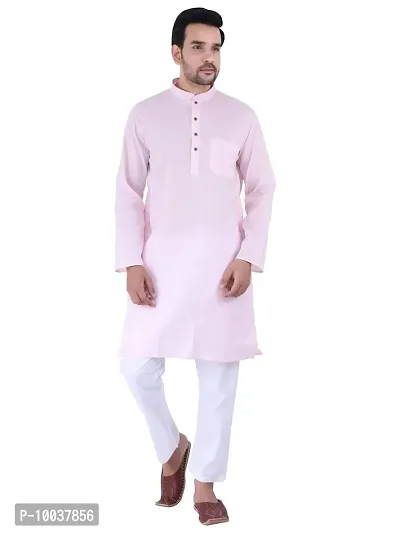 HUZUR Men's Cotton Solid Straight Kurta Pyjama Set| Ethnic Wear|Traditional Wedding Wear - Pink Kurta White Pyjama set-thumb0