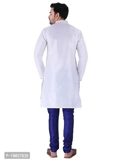 HUZUR Men's Silk Ceremony Loop Button White Kurta Royal Blue Pyjama Set-thumb4