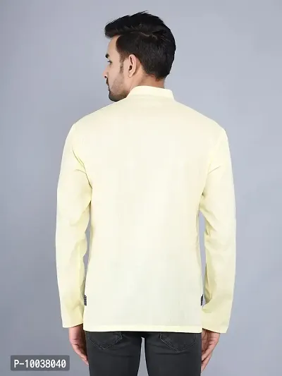HUZUR Linen Solid Straight Fit Mandarian Collar Round Neck Short Kurta for Men (Yellow)-thumb2