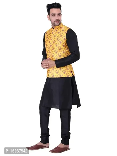 HUZUR Men's Silk Kurta Pyjama/Pajama with Yellow Yellow Base Multicolor Floor Print Nehru Jacket Set-thumb2