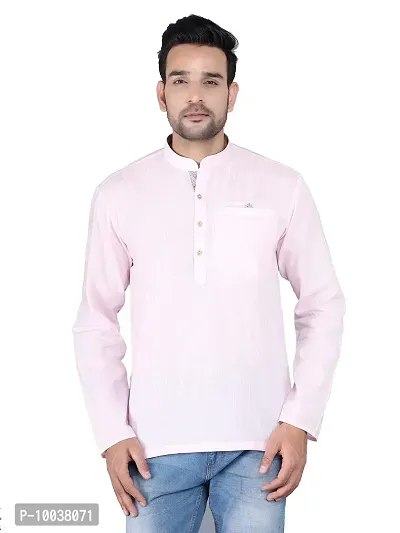 HUZUR Linen Solid Straight Fit Mandarian Collar Round Neck Short Kurta for Men (Light Pink)