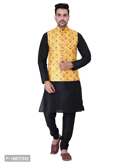 HUZUR Men's Silk Kurta Pyjama/Pajama with Yellow Yellow Base Multicolor Floor Print Nehru Jacket Set