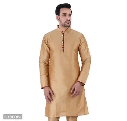 HUZUR Mens Silk Loop Button Kurta Only (Small, CHIKU)