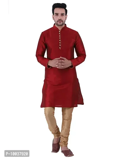 HUZUR Men's Silk Ceremony Loop Button Maroon Kurta Chiku Pyjama Set-thumb0