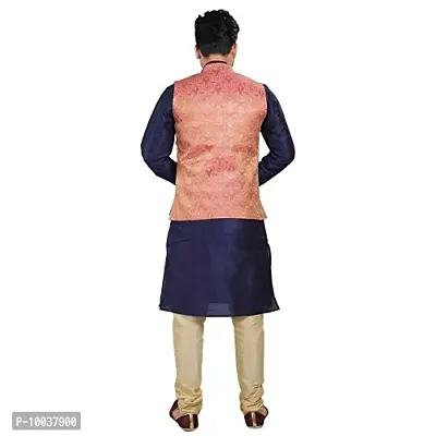 HUZUR Men's Silk Navy Blue Kurta Gold Pajama Pink Jacket set-D-51099-40-thumb4