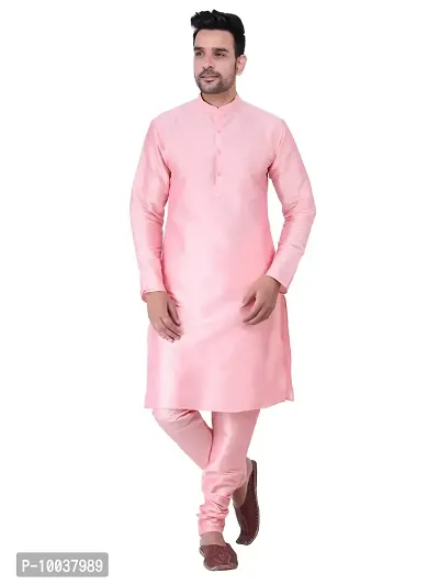 HUZUR Men's Silk Solid Straight Kurta Pyjama Set| Ethnic Wear|Traditional Wedding Wear -Pink Kurta Pink Pyjama Set