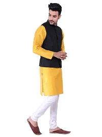 HUZUR Men's Silk Yellow Kurta Cream Pyjama/pajama With Black Dupion/Silk Nehru Jacket Set-thumb2