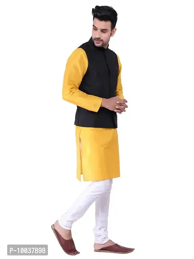 HUZUR Men's Silk Yellow Kurta Cream Pyjama/pajama With Black Dupion/Silk Nehru Jacket Set-thumb3