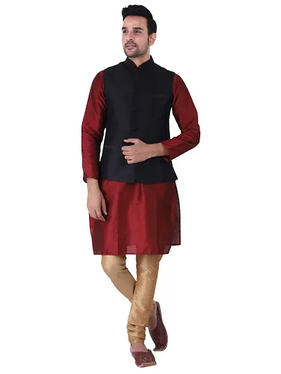 HUZUR Men's Silk Kurta Pyjama/pajama With Black Dupion/Silk Nehru Jacket Set