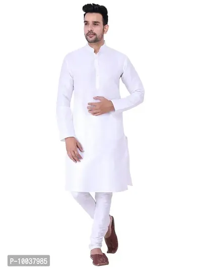 HUZUR Men's Silk Solid Straight Kurta Pyjama Set| Ethnic Wear|Traditional Wedding Wear - White Kurta White Pyjama Set