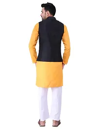 HUZUR Men's Cotton Orange Kurta White Pyjama/pajama With Black Dupion/Silk Nehru Jacket Set-thumb3