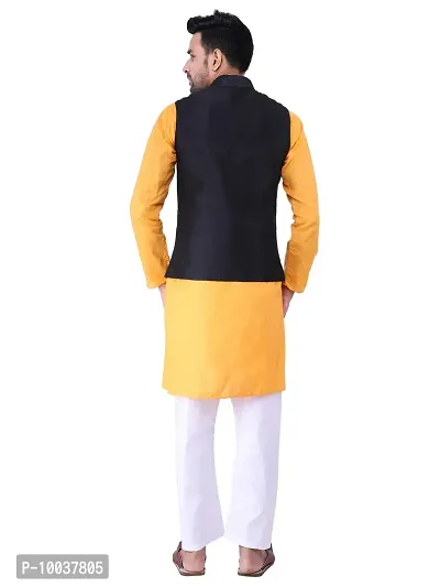 HUZUR Men's Cotton Orange Kurta White Pyjama/pajama With Black Dupion/Silk Nehru Jacket Set-thumb4