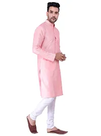 HUZUR Men's Silk Fullsleeve Long Pink Kurta Cream Pyjama Set-thumb2