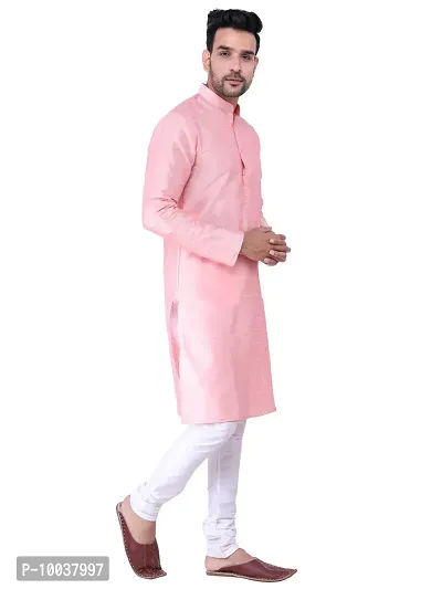 HUZUR Men's Silk Fullsleeve Long Pink Kurta Cream Pyjama Set-thumb3