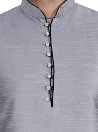 HUZUR Men's Silk Ceremony Loop Button Silver Kurta Silver Pyjama Set-thumb4