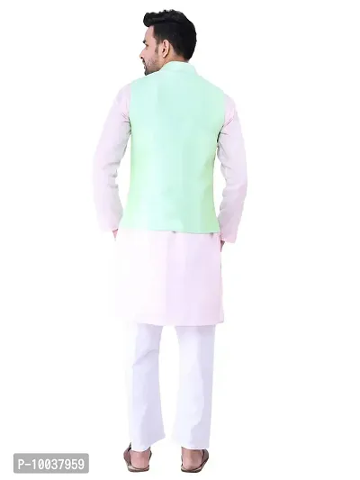 HUZUR Men's Cotton Pink Kurta White Pyjama/pajama With Pista Dupion/Silk Nehru Jacket Set-thumb4