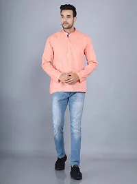 HUZUR Linen Solid Straight Fit Mandarian Collar Round Neck Short Kurta for Men (Pink)-thumb4