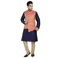 HUZUR Men's Silk Navy Blue Kurta Gold Pajama Pink Jacket set-D-51099-40-thumb1