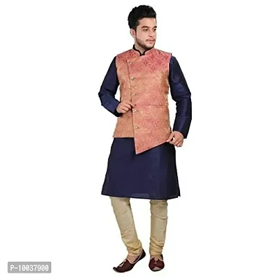 HUZUR Men's Silk Navy Blue Kurta Gold Pajama Pink Jacket set-D-51099-40-thumb2