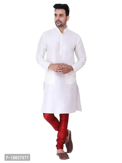 HUZUR Men's Silk Fullsleeve Long White Kurta Maroon Pyjama Set