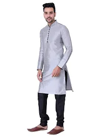 HUZUR Men's Silk Ceremony Loop Button Silver Kurta Black Pyjama Set-thumb1