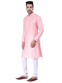 HUZUR Men's Silk Fullsleeve Long Pink Kurta Cream Pyjama Set-thumb1