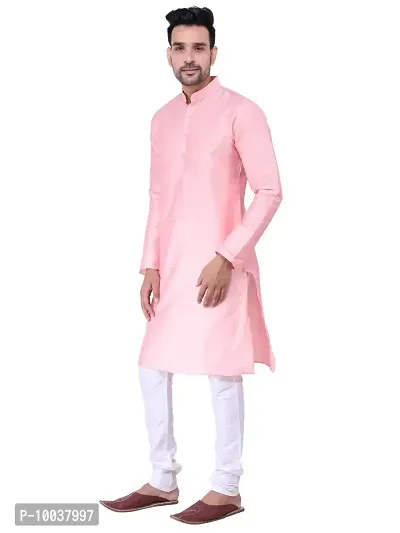 HUZUR Men's Silk Fullsleeve Long Pink Kurta Cream Pyjama Set-thumb2