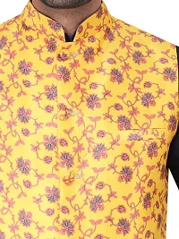 HUZUR Men's Silk Kurta Pyjama/Pajama with Yellow Yellow Base Multicolor Floor Print Nehru Jacket Set-thumb4