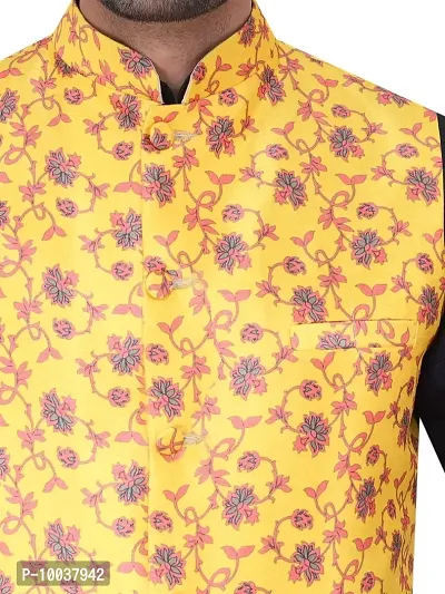 HUZUR Men's Silk Kurta Pyjama/Pajama with Yellow Yellow Base Multicolor Floor Print Nehru Jacket Set-thumb5