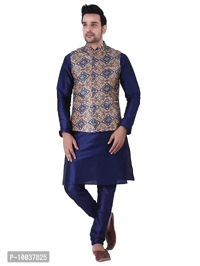 HUZUR Men's Silk Navy Blue Kurta Navy Blue Pyjama/Pajama with Multicolor Square Print Nehru Jacket Set-thumb0