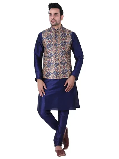 HUZUR Men's Silk Kurta Pyjama/Pajama with Multicolor Square Print Nehru Jacket Set